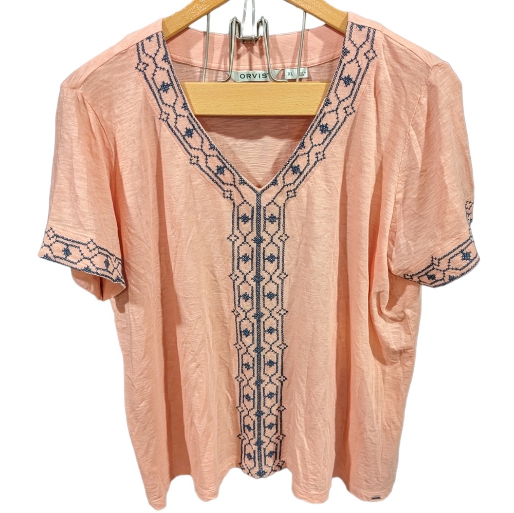 Orvis Embroidered V-Neck Short Sleeve Tunic Blouse Size XL
